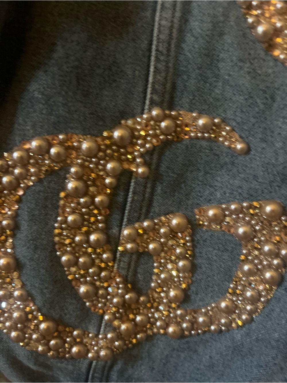 Custom Beaded Blue Denim Jacket with GG, LV and CC Beading. Collar Detachable - Picture 3 of 6